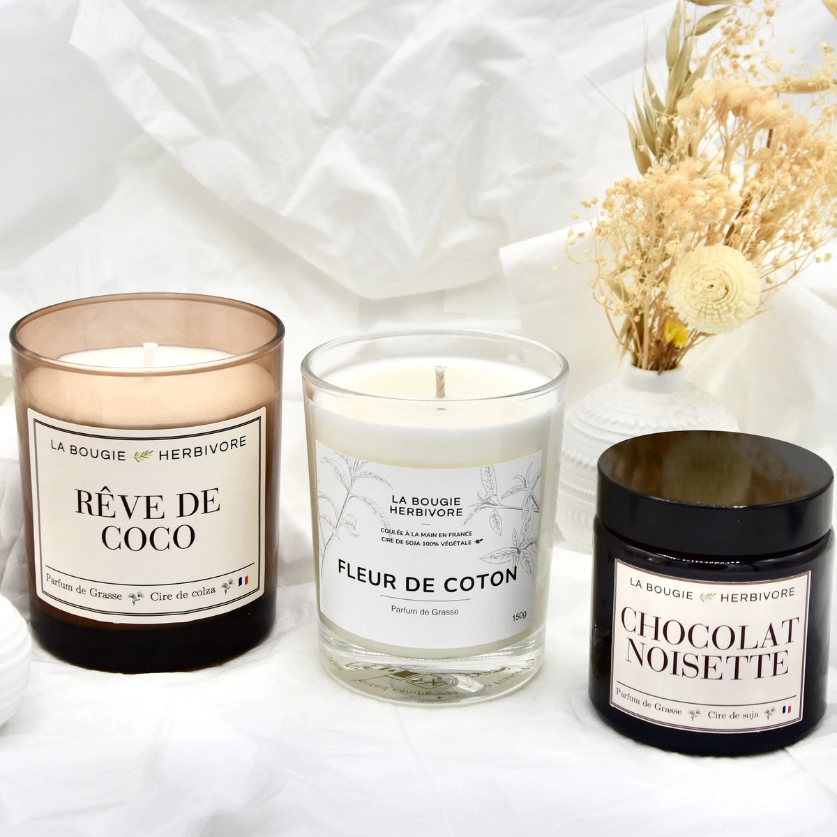 Collection de bougies parfumées Rêve de Coco, Fleur de Coton et Chocolat Noisette pour un achat bougies parfum Grasse
