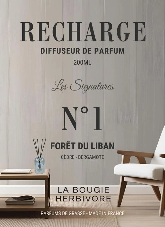 Recharge Diffuseur de Parfum à Bâtonnets No. 1 FORET DU LIBAN - 200ml - Collection les Signatures La Bougie Herbivore diffuseur
