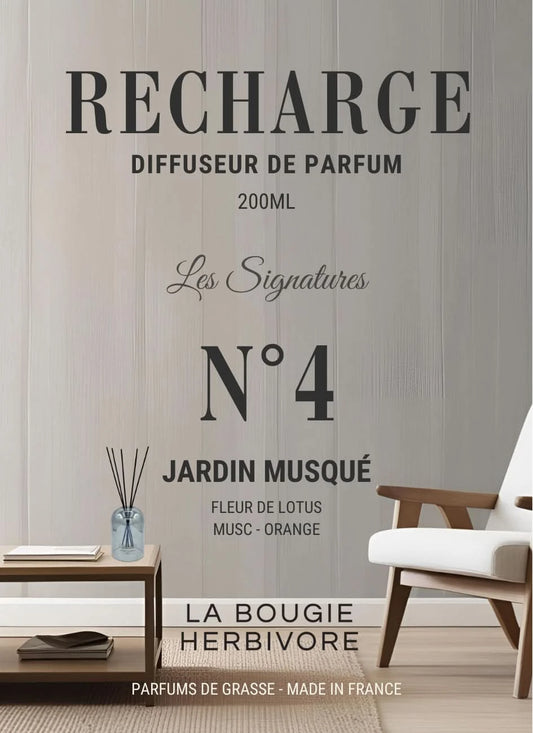 Recharge Diffuseur de Parfum à Bâtonnets No. 4 JARDIN MUSQUE - 200ml - Collection les Signatures La Bougie Herbivore diffuseur
