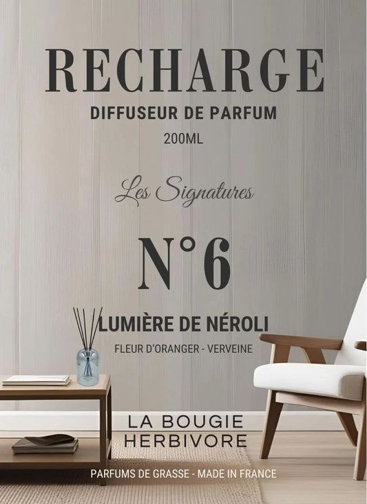 Recharge Diffuseur de Parfum à Bâtonnets No. 6 LUMIERE DE NEROLI - 200ml - Collection les Signatures La Bougie Herbivore diffuseur
