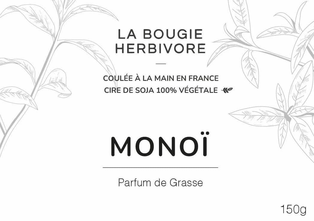 Bougie parfumée monoï de La Bougie Herbivore en cire de soja 100 pourcent végétale, fabriquée en France
