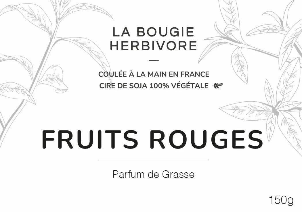 Étiquette de bougie cire de soja artisanale Fruits rouges de La Bougie Herbivore, 150g, parfum de Grasse