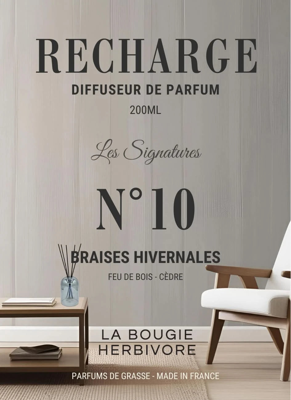 Recharge Diffuseur de Parfum à Bâtonnets No. 10 BRAISES HIVERNALES - 200ml - Collection les Signatures La Bougie Herbivore diffuseur