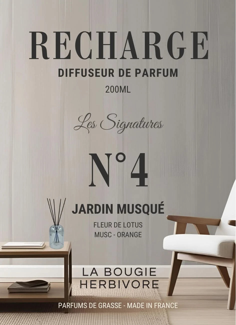 Recharge Diffuseur de Parfum à Bâtonnets No. 4 JARDIN MUSQUE - 200ml - Collection les Signatures La Bougie Herbivore diffuseur