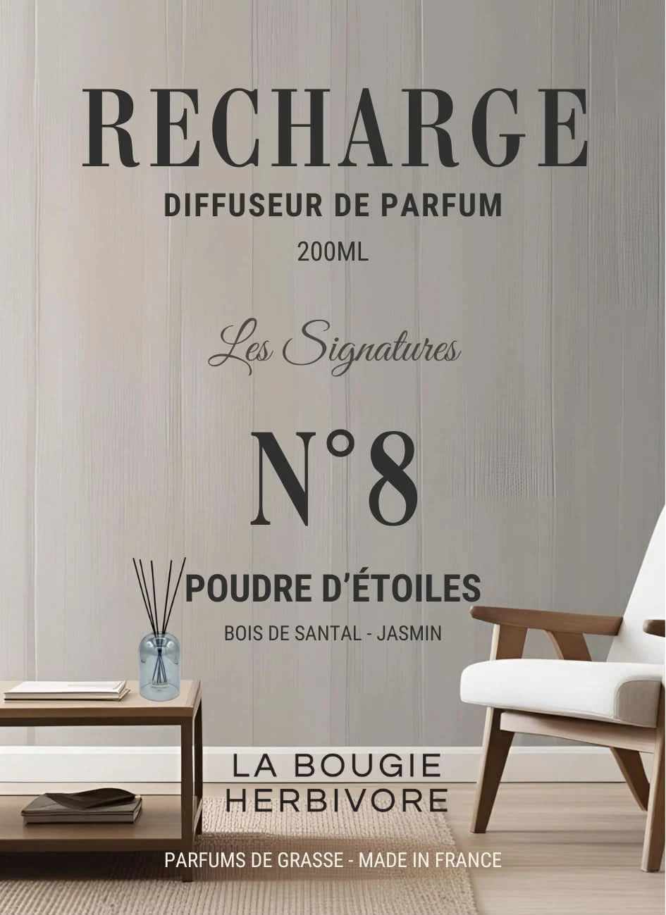 Recharge Diffuseur de Parfum à Bâtonnets No. 8 POUDRE D'ETOILES - 200ml - Collection les Signatures La Bougie Herbivore diffuseur