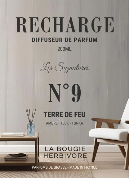 Recharge Diffuseur de Parfum à Bâtonnets No. 9 TERRE DE FEU - 200ml - Collection les Signatures La Bougie Herbivore diffuseur