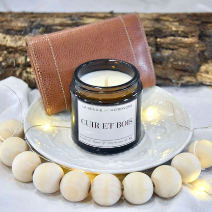 Bougie parfumée Cuir et bois à la cire végétale Ecocert de soja 90g