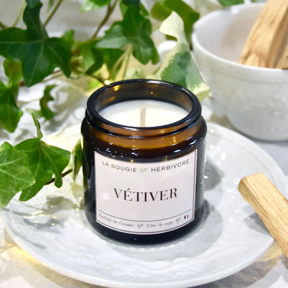 Bougie parfumée Vétiver fraîcheur aromatique à la cire végétale de soja 90g