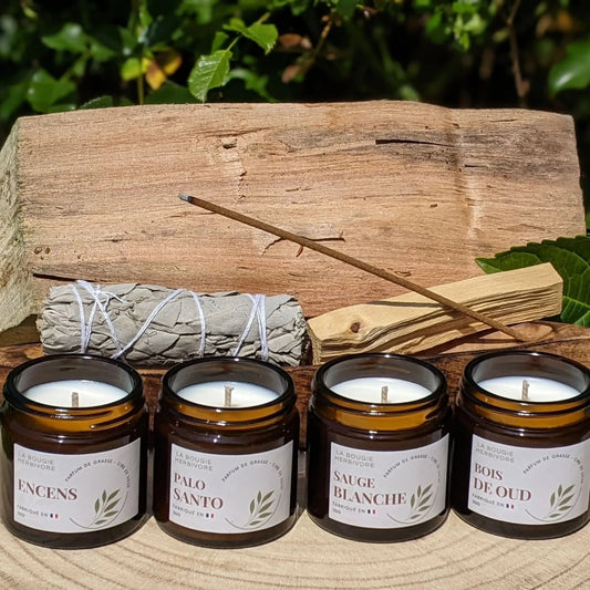4 Bougies Parfumées 50g – Sauge Blanche, Palo Santo, Encens, Bois de Oud