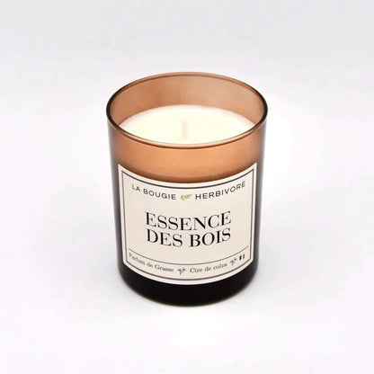Bougie Parfumée Essence des bois Verre Ambré | Cire de Colza | Parfum de Grasse - 180g - Qualité artisanale Made in France
