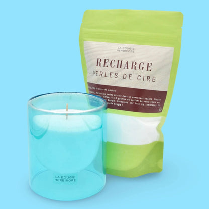 Pack Contenant à Bougie Goutte d'Eau "Bleu" + Recharge Bougie en Perles de Cire Végétale - 400g avec 40 Mèches La Bougie Herbivore Bougies