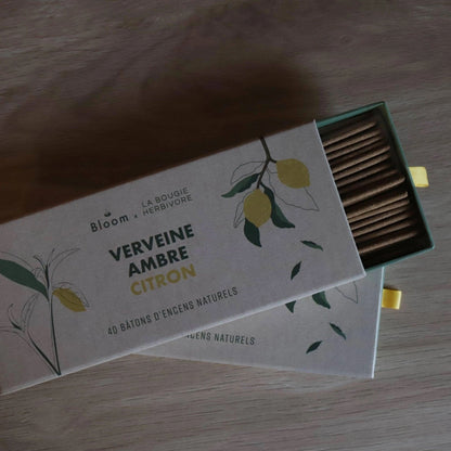 Boîte d'encens parfum naturel Verveine Ambre Citron de La Bougie Herbivore avec 40 bâtons d'encens naturels