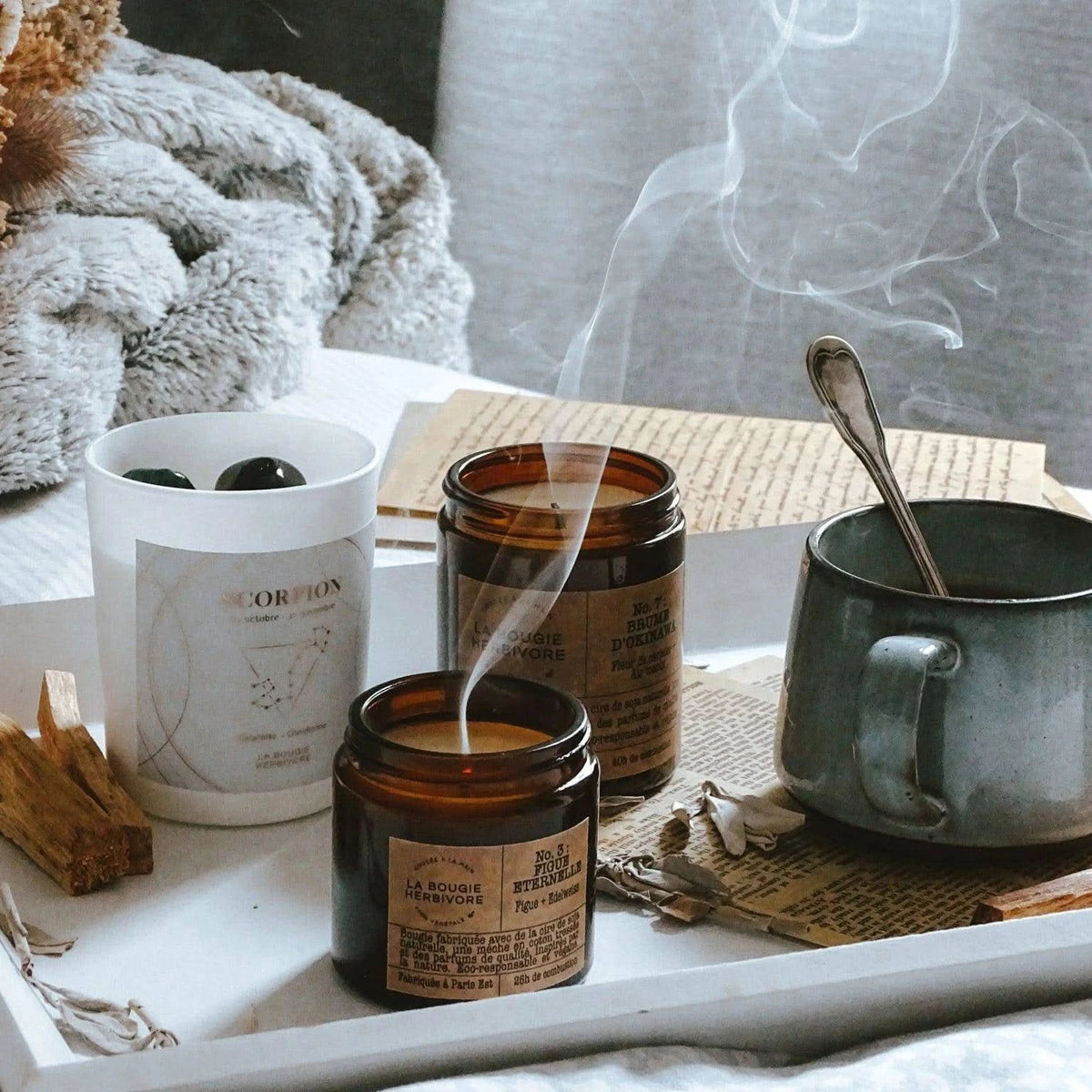 Bougies La Bougie Herbivore avec fumée et ambiance zen, incluant bougie astrologie Poissons
