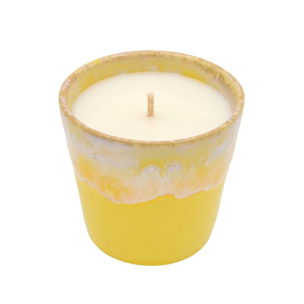 Bougie en grès jaune de La Bougie Herbivore avec une cire naturelle et un design élégant