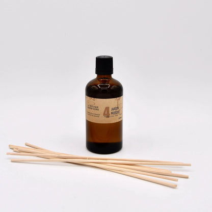 Diffuseur parfum musc et orange en verre avec tiges en bois, design élégant pour une ambiance fraîche