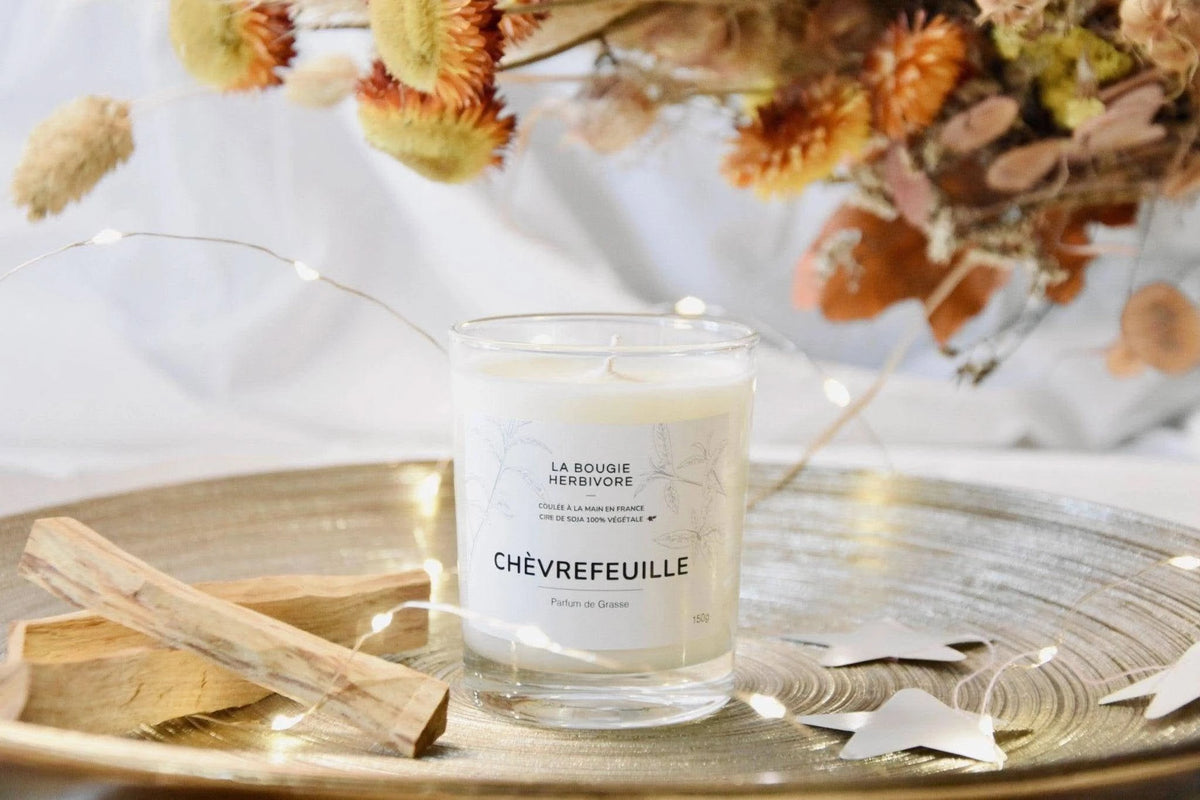 Bougie cire de soja naturelle La Bougie Herbivore, parfum chèvrefeuille en verre sur un plateau doré.
