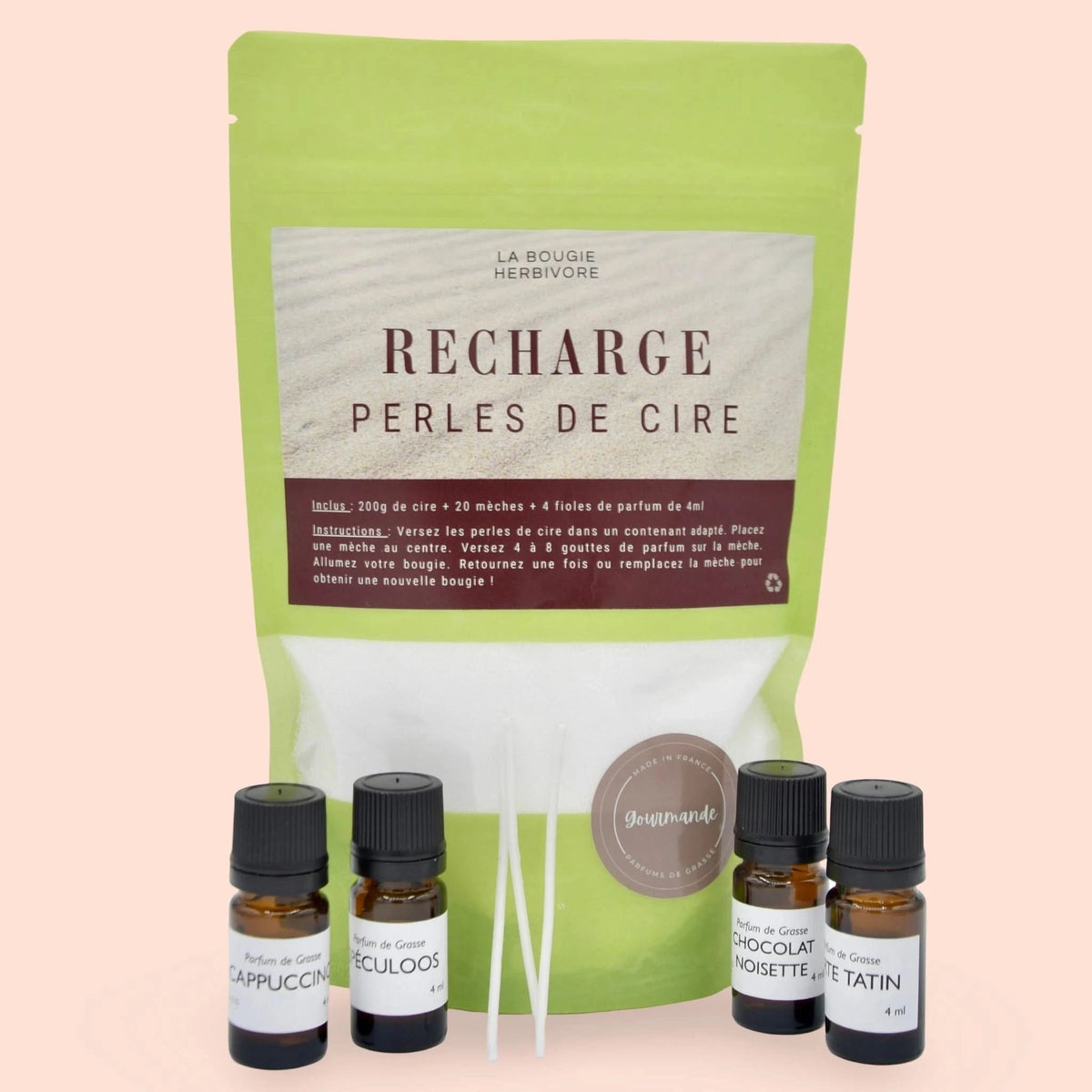 Recharge Bougie en perles de cire avec 20 mèches et 4 parfums gourmands pour bougie artisanale