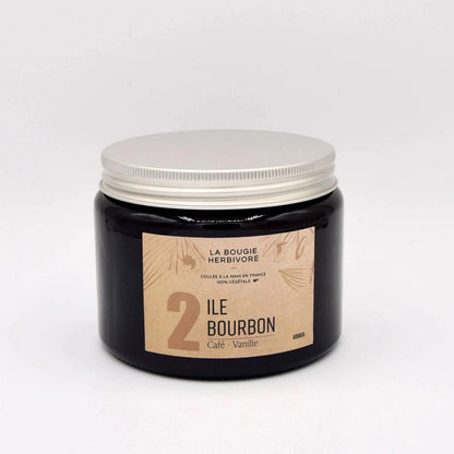 Bougie parfumée café vanille de La Bougie Herbivore dans un pot noir élégant de 500ml