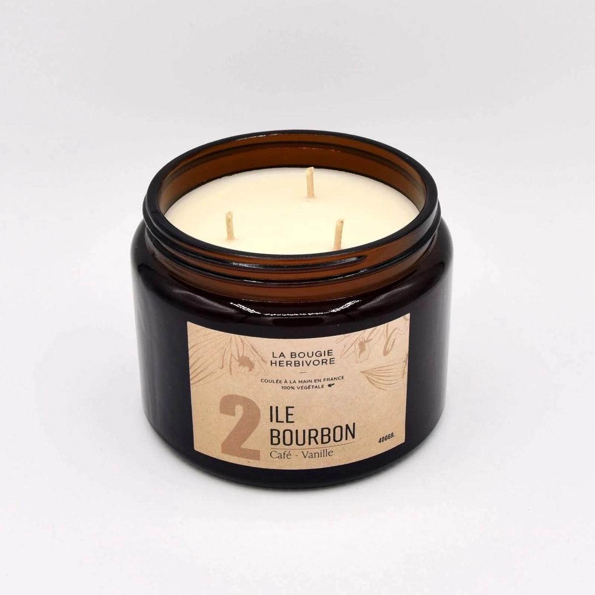 Bougie parfumée café vanille La Bougie Herbivore dans un pot en verre avec trois mèches 400 GR