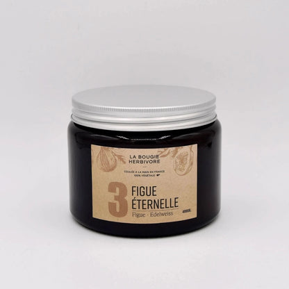 Bougie parfumée figue de La Bougie Herbivore dans un pot noir avec un couvercle argenté