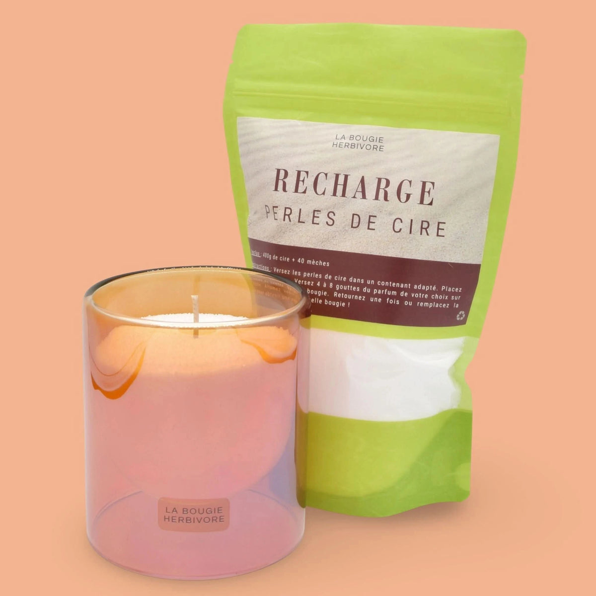 Bougie perlée parfumée made in France avec recharge de perles de cire de La Bougie Herbivore
