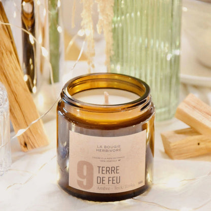Bougie parfumée ambre teck de La Bougie Herbivore dans un élégant pot en verre, 90g
