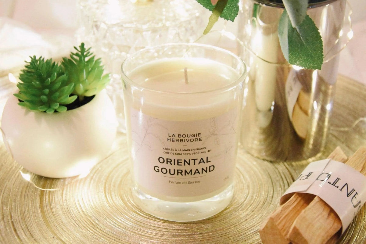 Bougie Parfumée Oriental Gourmand 150g – Cire Soja Écocert – Parfum Boisé & Sucré – Artisanale Française