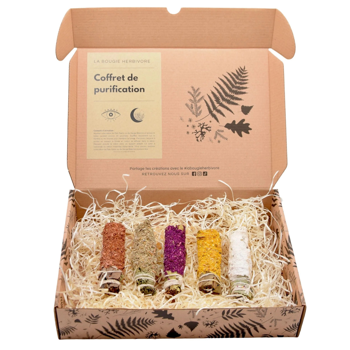 Coffret purification aromatique de La Bougie Herbivore avec encens colorés et naturels pour la purification